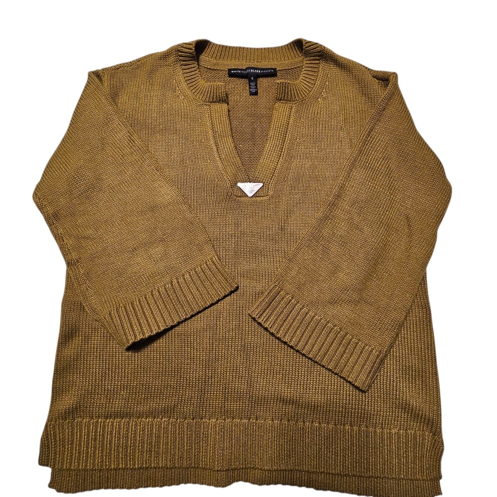 White House Black‎ Market Sweater Knit Top Gold Brown V Neck 3/4 Sleeve S